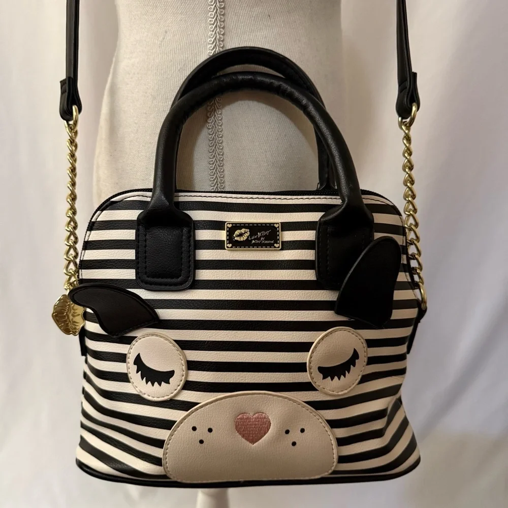 BETSY JOHNSON Y2K Kawaii Statement Luv Satchel Crossbody Striped Puppy Face Bag